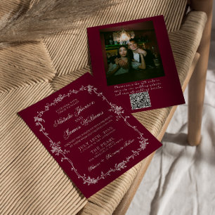 Invitation Code QR photo de mariage floral Bourgogne Old Mone