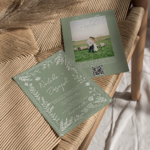 Invitation Code QR photo floral botanique vert sauge Mariage