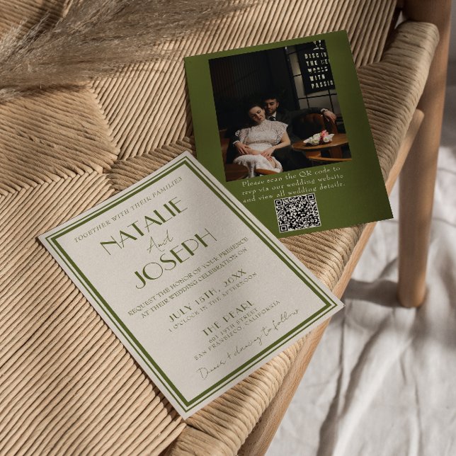 Invitation Code QR photo mariage vert olive argenté élégant (Créateur téléchargé)