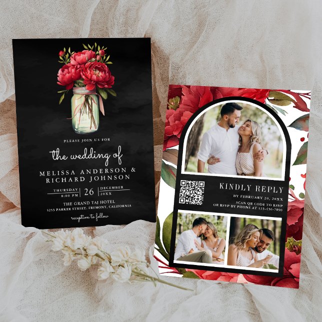 Invitation Code QR Pot Mason Fleur de Pivoine Rouge Mariage N (Créateur téléchargé)
