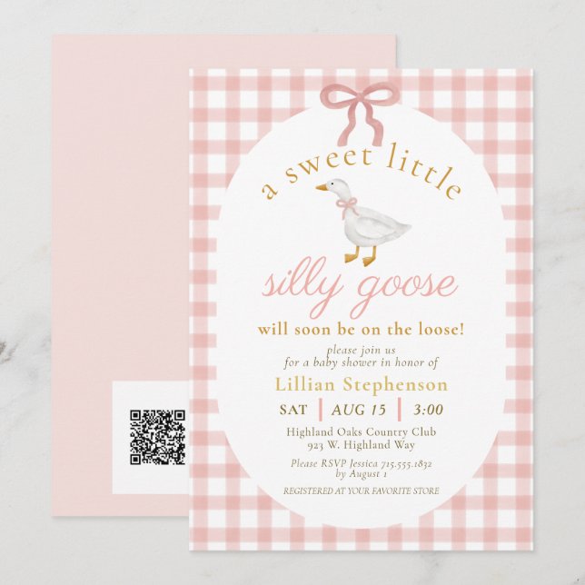 Invitation Code QR pour la Baby Shower à carreaux roses de Si (Devant / Derrière)