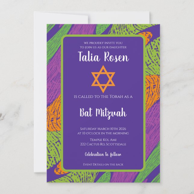 Invitation Code QR rétro Bat mitzvah violet et vert (Devant)