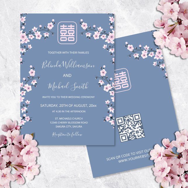 Invitation Code QR Rose Poussiéreux Bleu Fleur | Mariage Chin (Créateur téléchargé)
