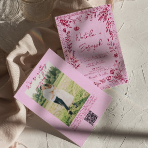 Invitation Code QR Rose Raspberry Dessiné Floral Photo Mariag