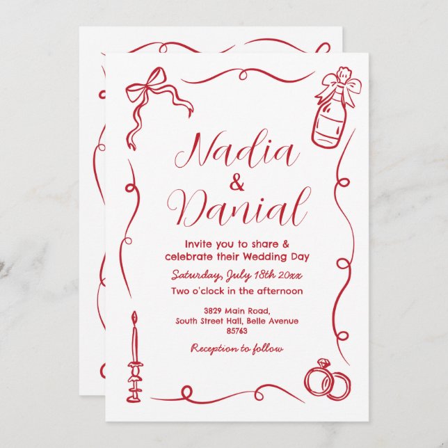 Invitation Code QR rouge blanc tiré à la main du mariage (Devant / Derrière)