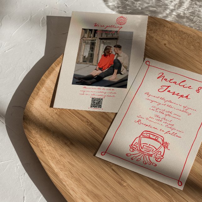 Invitation Code QR rouge rétro main dessinée Mariage photo éc (Créateur téléchargé)