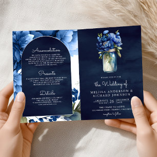 Invitation Code QR Royal Blue Floral Mason Jar Mariage Navy