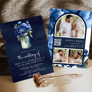 Invitation Code QR Royal Blue Floral Mason Jar Mariage Navy