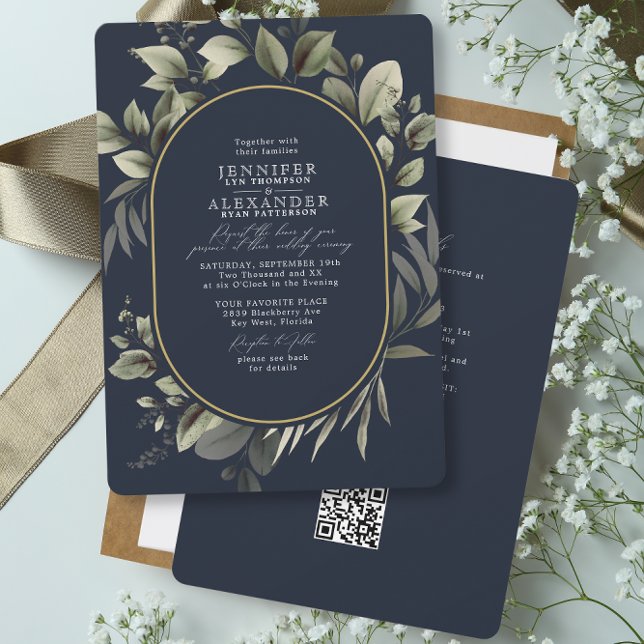 Invitation Code QR RSVP Botanique Simple Mariage Bleu Nuit (Créateur téléchargé)