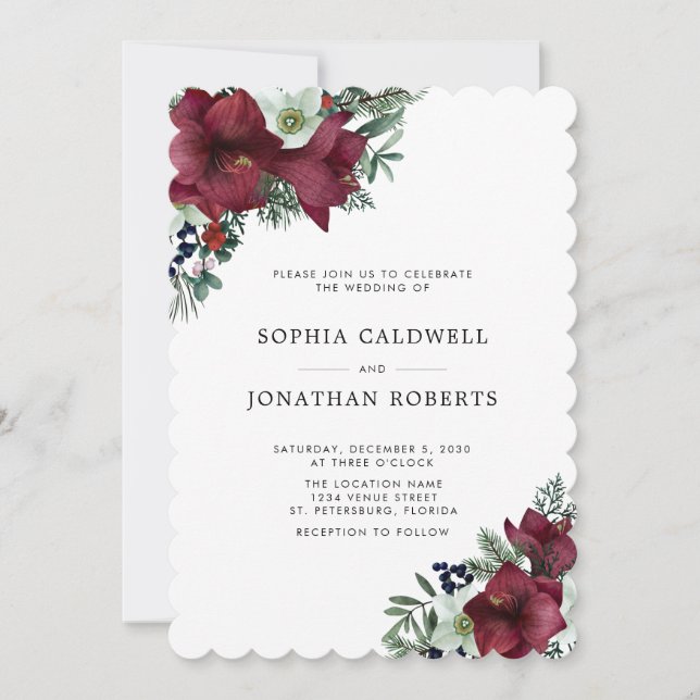 Invitation Code QR RSVP Burgundy Floral Winter Wedding (Devant)