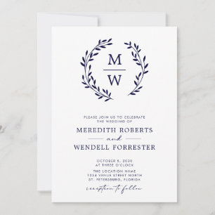 Invitation Code QR RSVP Marine Monogramme bleu Mariage de cou