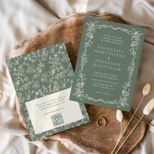 Invitation Code QR RSVP Vert Sauge Élégant Mariage Victorien