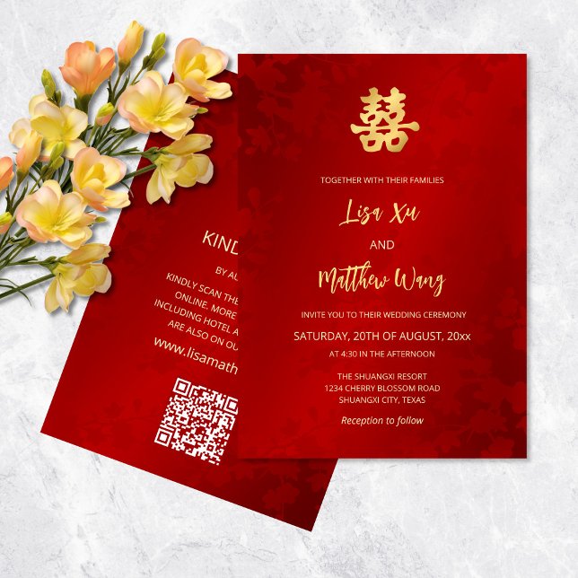 Invitation Code QR | Simple Mariage chinois d'or rouge (Créateur téléchargé)