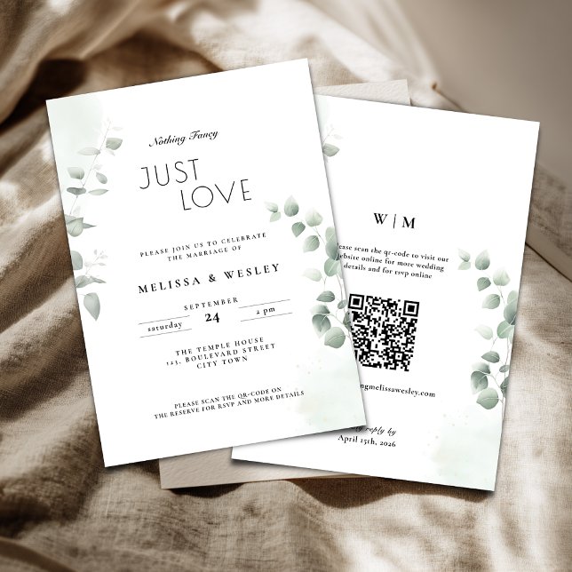 Invitation Code QR Tendances de verdure Just Love Mariage (Nothing fancy just love wedding invitation with greenery eucalyptus details.)