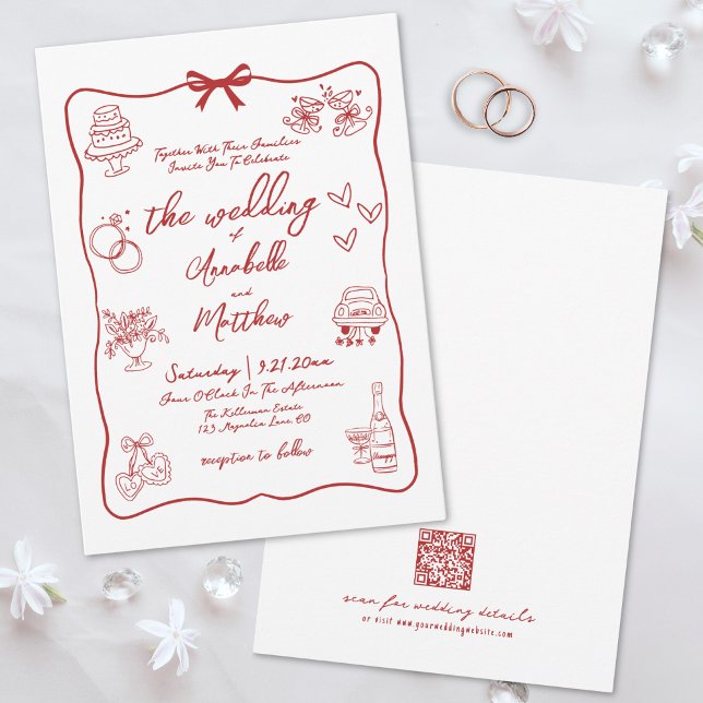 Invitation Code QR tiré à la main Mariage Whimsical rouge (Hand Drawn QR Code Red Whimsical Wedding Invitation)