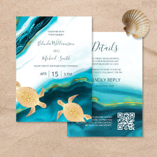 Invitation Code QR Tortues d'or Turquoise Enk Agate Mariage