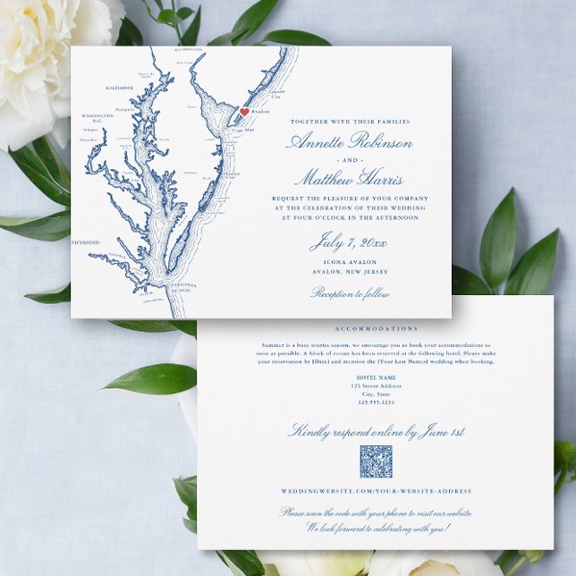 Invitation Code QR tout-en-un Avalon NJ Mariage RSVP (Avalon NJ All-in-One QR code Wedding invitation in elegant Navy Blue from Coastal Map Designs)