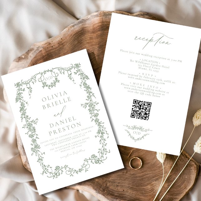 Invitation Code QR Vert Français Sage Tout en un Mariage (Créateur téléchargé)