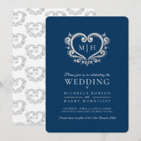 Coeur argenté mariage bleu foncé et blanc