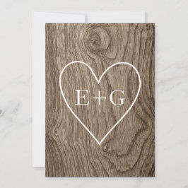 Invitation Coeur avec initiales sur bois mariage couples douc