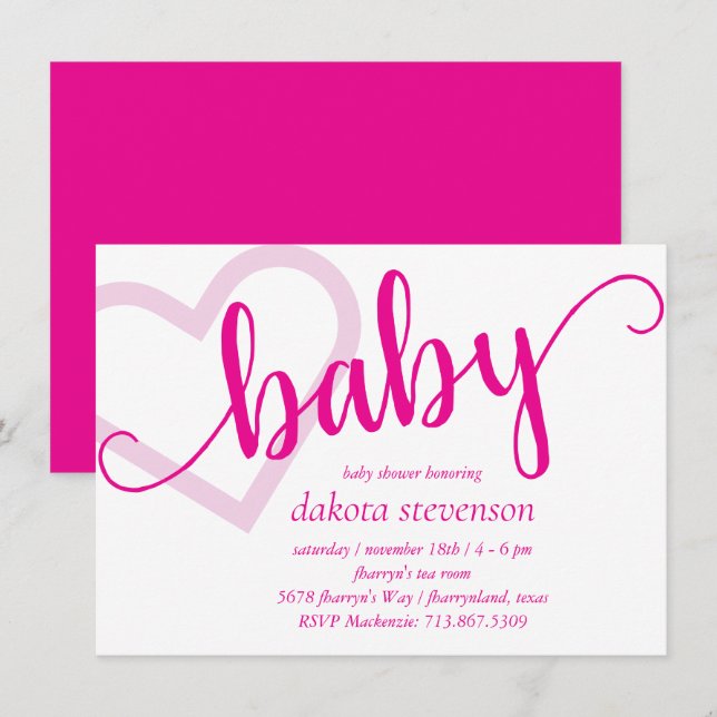 Invitation Coeur bébé | Douche magenta rose chaud ou révélati (Devant / Derrière)
