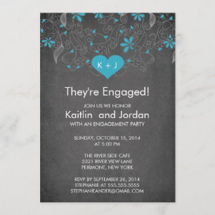 Invitation Coeur bleu Chalkboard avec Flower Engagement Party