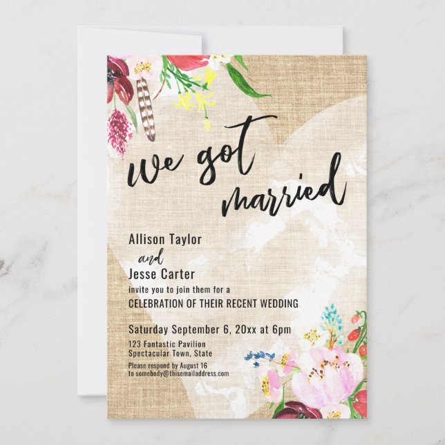 Invitation Cœur Boho Fleurs Toile de Jute Nous Nous Sommes Ma (Devant)