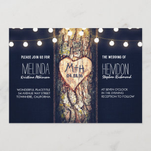 Invitation coeur d'arbre rustique et lumières à cordes invite