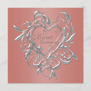 Invitation Cœur d'Argent Corail Sweet Sixteen Anniversaire