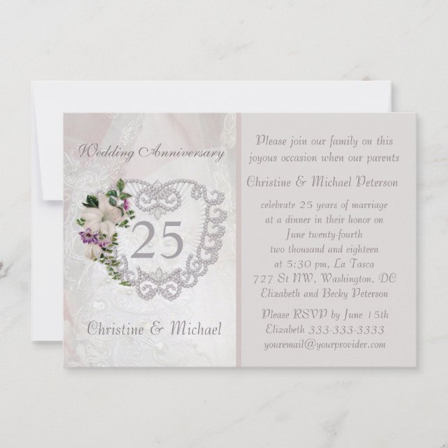 Invitation Cœur d'argent et lily 25e anniversaire de mariage (Devant)