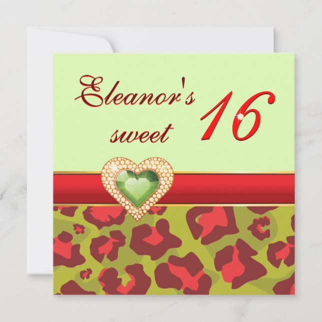 Invitation coeur de bijou léopard vert sweet sixteen (Devant)