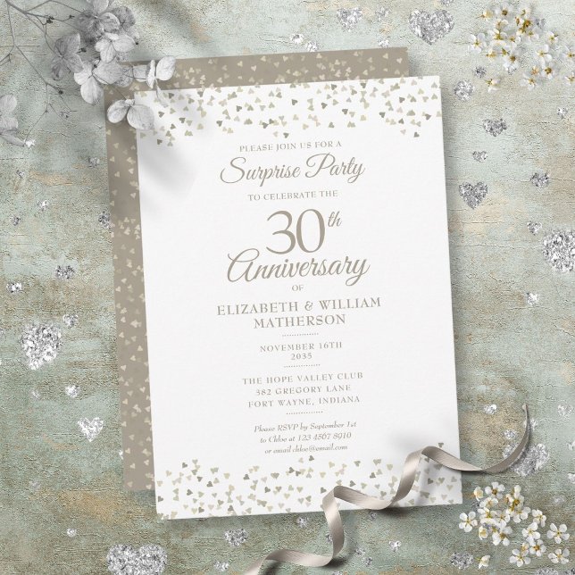Invitation Cœur de confettis pour les 30 ans de mariage surpr (Surprise 30th Wedding Anniversary Hearts Confetti Invitation)
