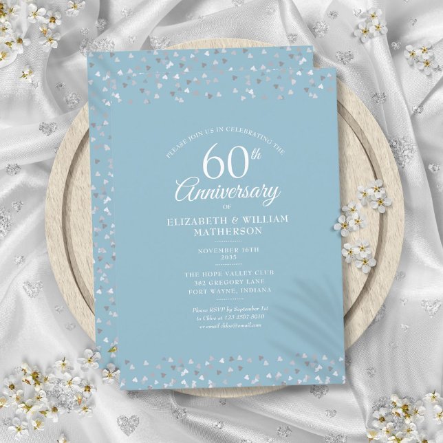 Invitation Cœur de confettis pour les 60 ans de mariage Diamo (Diamond 60th Wedding Anniversary Hearts Confetti Invitation)