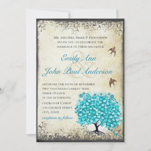 Invitation Cœur de feuille d'arbre bleu aqua parchemin vintag