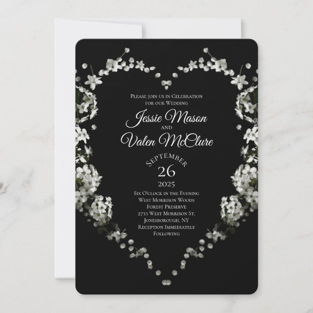 Invitation Coeur de fleurs noir et blanc Mariage gothique (Devant)