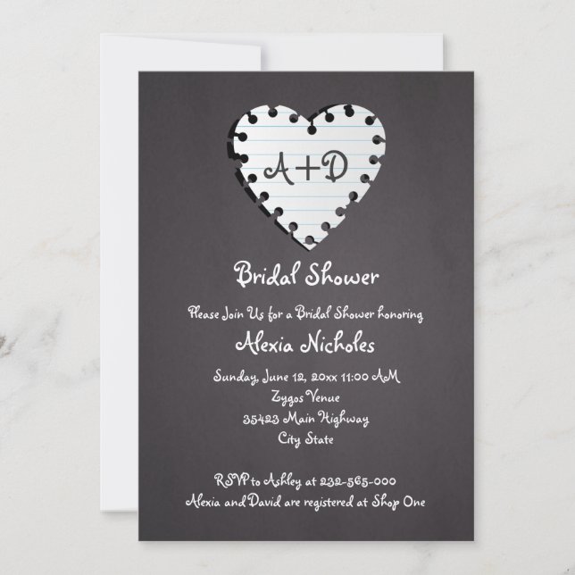 Invitation Coeur de papier sur tableau noir mariage douche nu (Devant)
