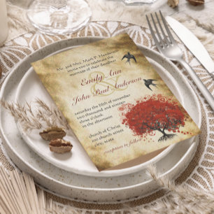 Invitation Cœur de Renaissance Médiévale Feuille Rouge Arbre 
