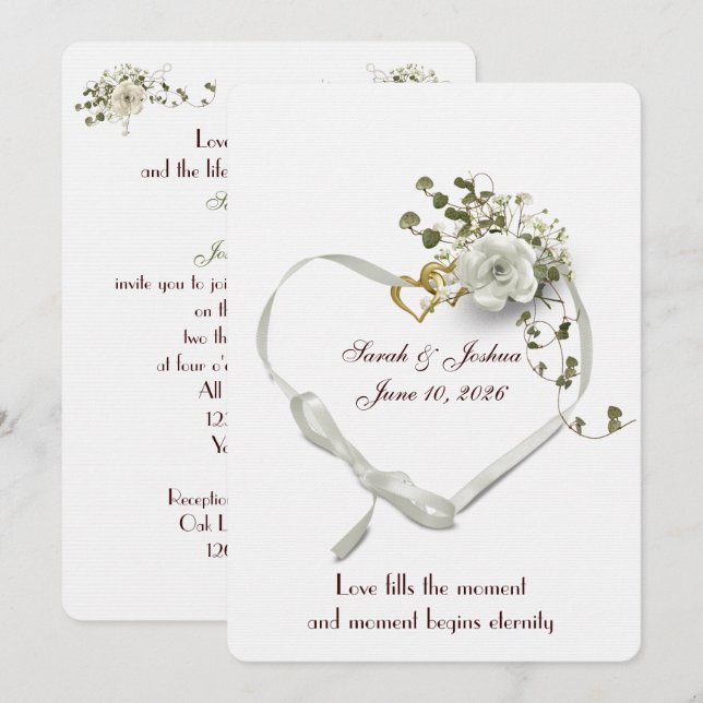 Invitation Coeur de ruban blanc mariage avec anneaux (Devant / Derrière)