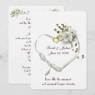 Invitation Coeur de ruban blanc mariage avec anneaux