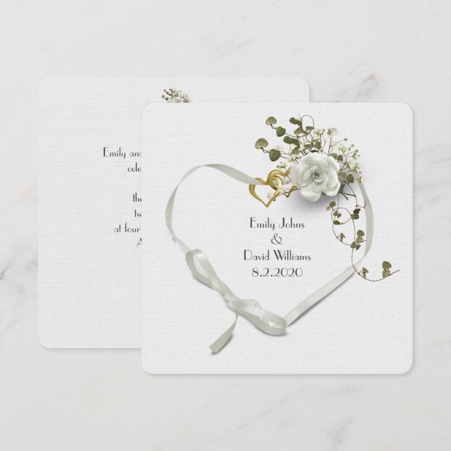 Invitation Coeur de ruban blanc mariage et bouquet de rose (Devant / Derrière)