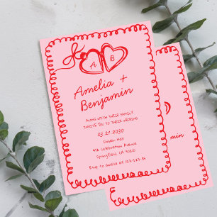 Invitation cœur dessiné à la main rose et rouge Mariage Fanta