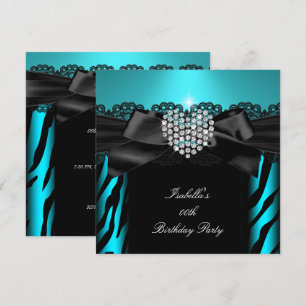 Invitation Coeur Diamant bleu turquoise Zebra Anniversaire Pa