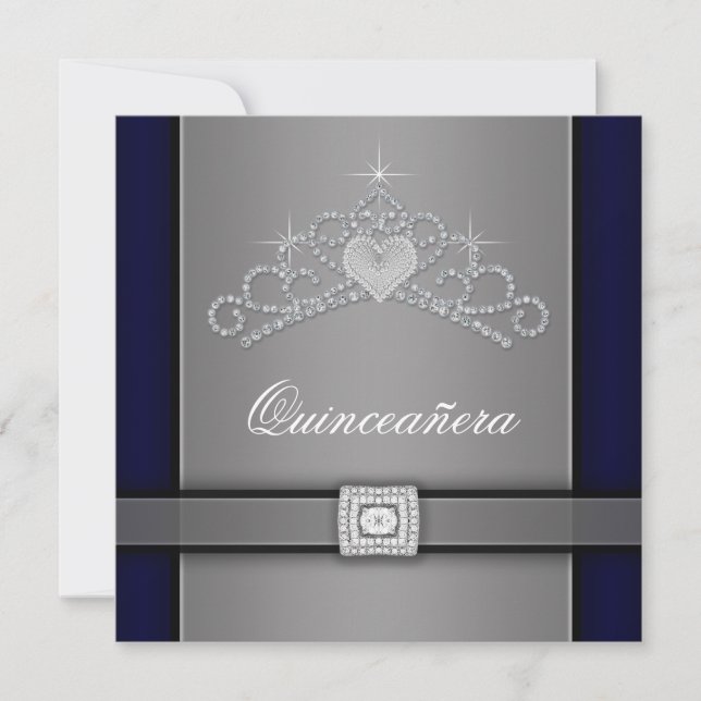 Invitation Coeur Diamant Noir Argent Tiara Quinceanera (Devant)