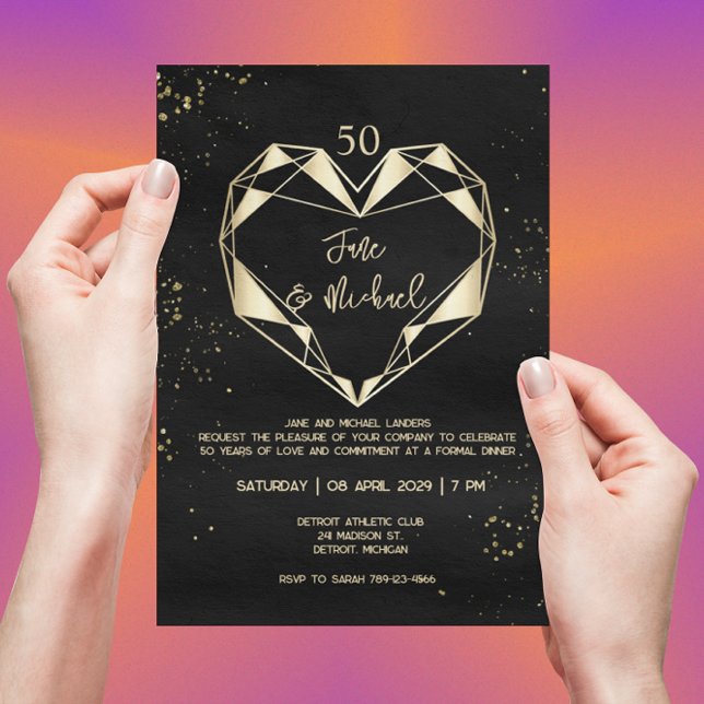 Invitation Coeur d'or géométrique moderne 50e anniversaire (Créateur téléchargé)