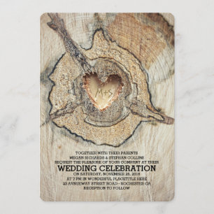 Invitation Coeur en bois sculpté Arbre rustique