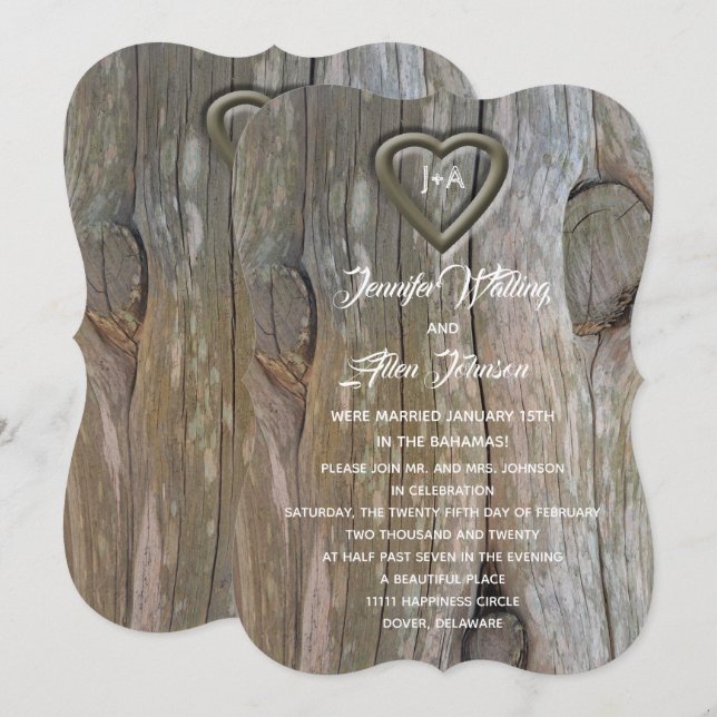 Invitation Cœur en bois sculpté de réception de mariage (Devant / Derrière)