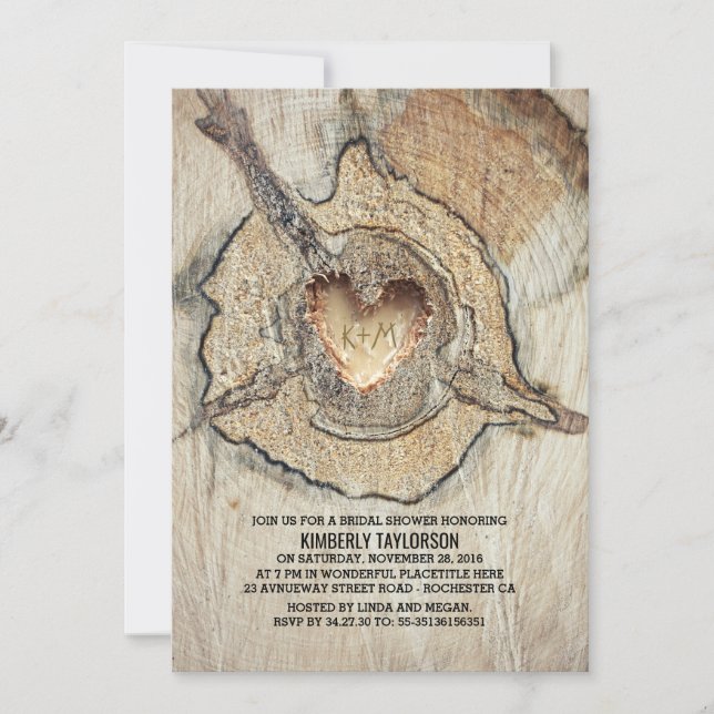 Invitation Coeur en bois sculpté Fête des mariées en arbre ru (Devant)
