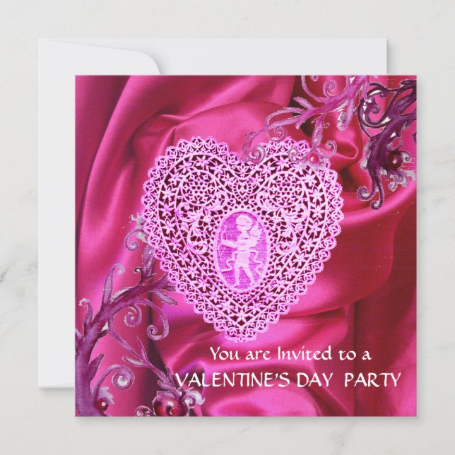 INVITATION CŒUR EN DENTELLE CUPIDON SUR TISSU DE SOIE ROSE FU (Devant)
