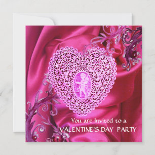 INVITATION CŒUR EN DENTELLE CUPIDON SUR TISSU DE SOIE ROSE FU