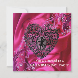 INVITATION CŒUR EN DENTELLE CUPIDON SUR TISSU EN SOIE ROSE FU